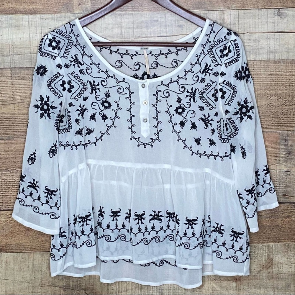 Free People Pennies Sequel Embroidered Top White Black Size Small